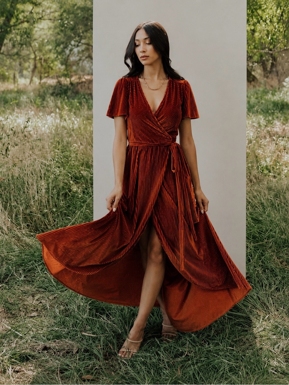 Baltic Born | Andi Ribbed Velvet Wrap Maxi Dress in Cooper ~ New Small